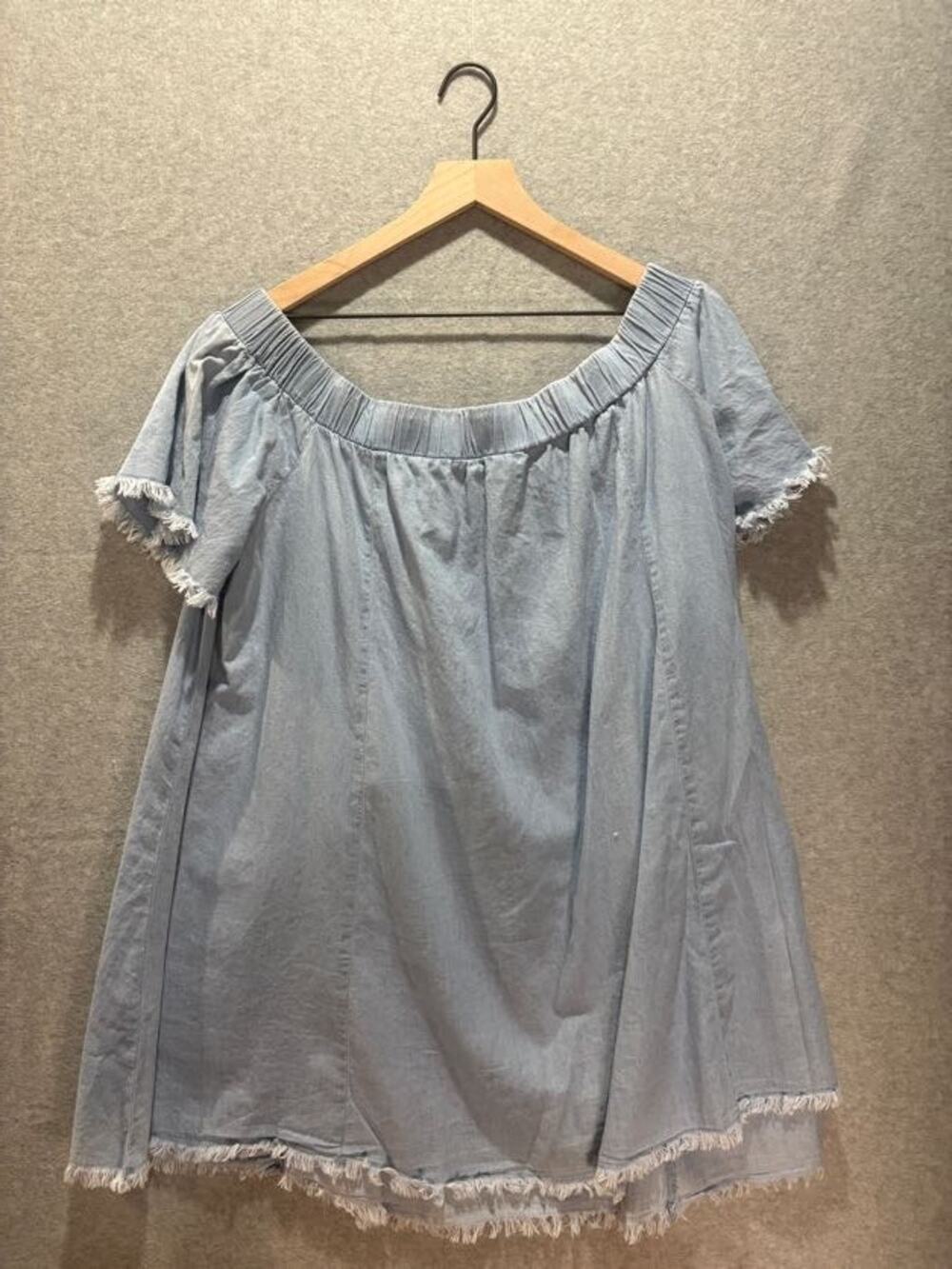 Forever 21 Womens L Chambray Off Shoulder Shift Dress Blue Frayed Fringe Hem